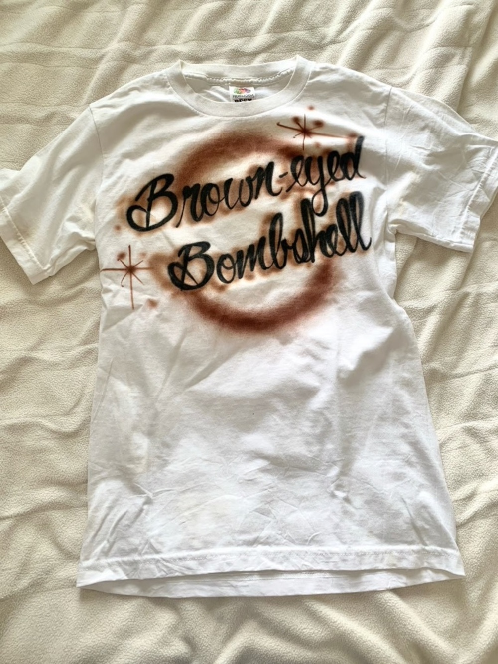 Y2K Vintage Airbrush T-Shirt Brown-Eyed Bombshell [Small] White Brown Custom Tee
